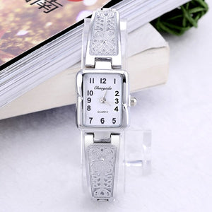 Women Vintage Luxury Gold + Silver Watches Elegant Quartz Fashion Rectangle Dial Watch Carved Pattern Bracelet Casual WristWatch