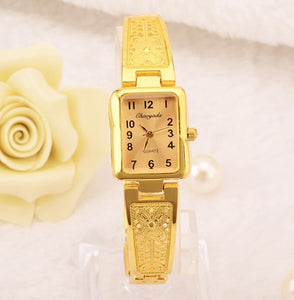 Women Vintage Luxury Gold + Silver Watches Elegant Quartz Fashion Rectangle Dial Watch Carved Pattern Bracelet Casual WristWatch