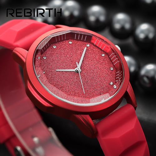 Starry sky tonneau dial soft silicone women watches simple Diamond elegant ladies wristwatches REBIRTH brand red quartz-watch