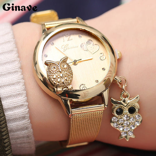 GINAVE Brand Fashion Owl Pendant Quartz  Women Wrist Watches Stainless Steel Mesh Belt Ladies Wristwatch Female Clock Owl Relogi