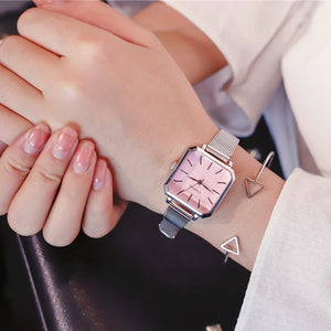 Ulzzang Vintage Square Leather Women Watches Ladies Silver Quartz Wristwatches Female Stainless Steel Mesh Bracelet Watch Clock
