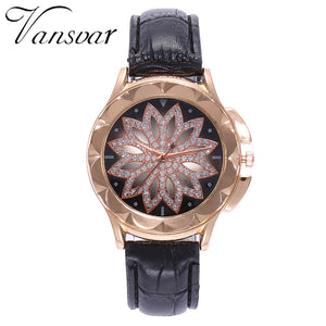 Vansvar Fashion Women Rose Gold Flower Pu Leather Rhinestone Wristwatche Luxury Casual Female Quartz Watch Relogio Feminino#5/22