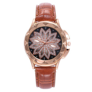 Vansvar Fashion Women Rose Gold Flower Pu Leather Rhinestone Wristwatche Luxury Casual Female Quartz Watch Relogio Feminino#5/22
